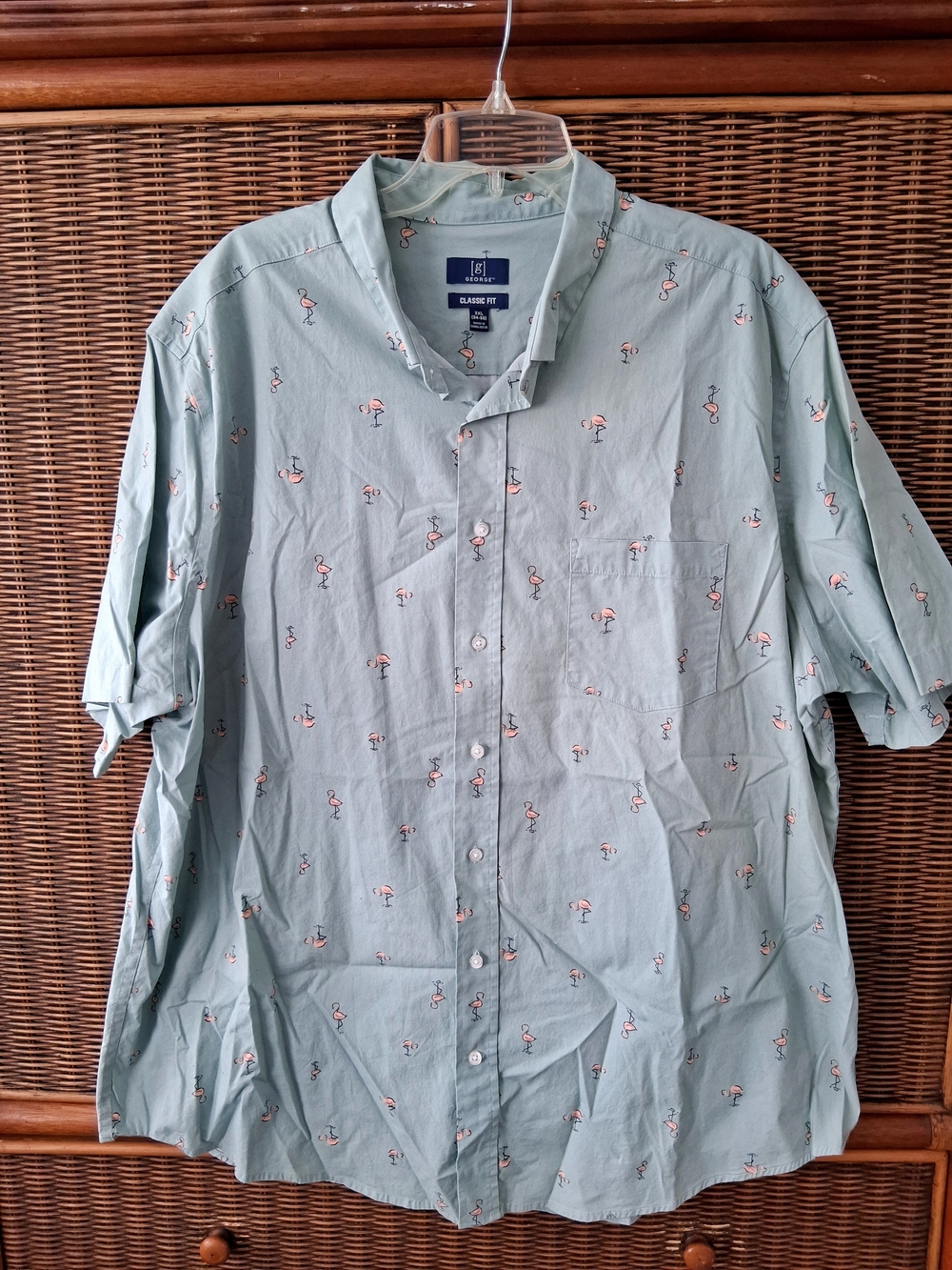 George Men's Light Green Short-Sleeve Button-Up Shirt with Pink Flamingo Print